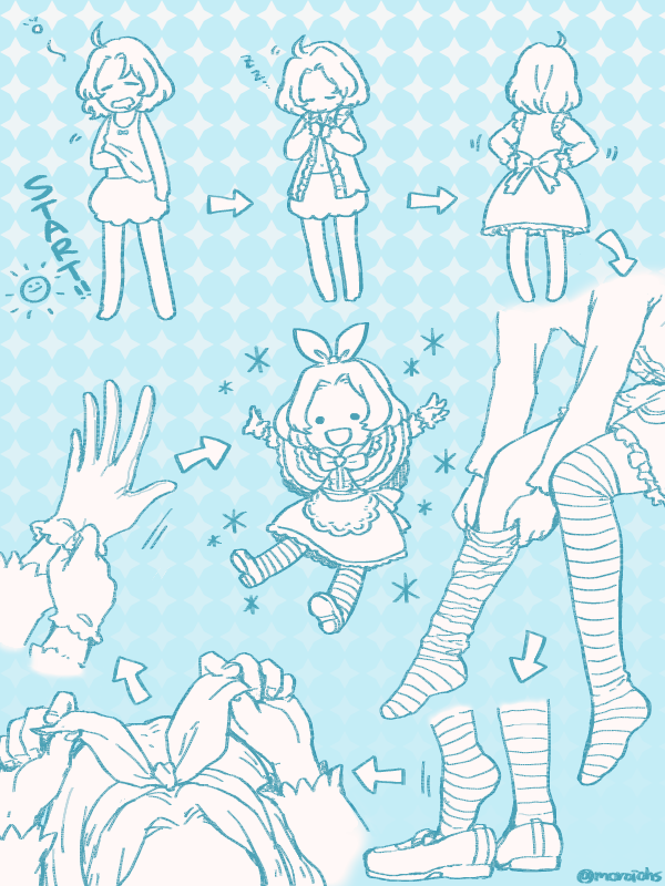 1girl, ahoge, arms_up, arrow_(symbol), bloomers, blue_background, blue_theme, bow_hairband