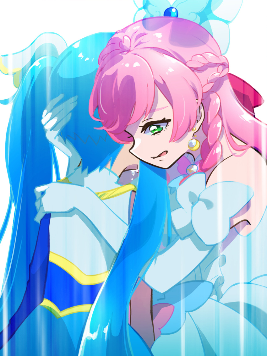 2girls, blue_bow, blue_dress, bow, braid, comforting, commentary, crown_braid, cure_prism, cure_sky, dress, dress_bow, earrings, elbow_gloves, frown, glove_bow, gloves, green_eyes, hair_bow, hair_ornament, highres, hirogaru_sky!_precure, hug, jewelry, long_hair, magical_girl, multiple_girls, nekoko_(nekonekonya), nijigaoka_mashiro, open_mouth, pink_bow, pink_hair, precure, sad, side_braids, sleeveless, sleeveless_dress, sora_harewataru, sunlight, tears, twintails, two-tone_dress, very_long_hair, white_background, white_bow, white_dress, white_gloves, wing_hair_ornament