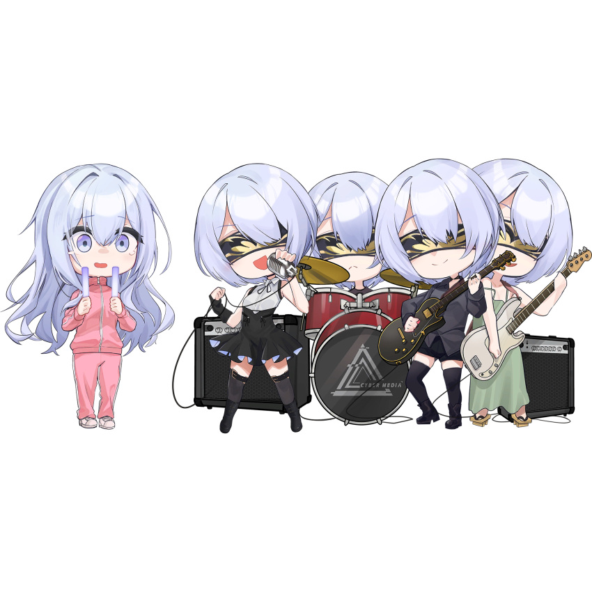5girls, amplifier, bass_guitar, blindfold, blue_eyes, chibi, chibi_only, deatheach