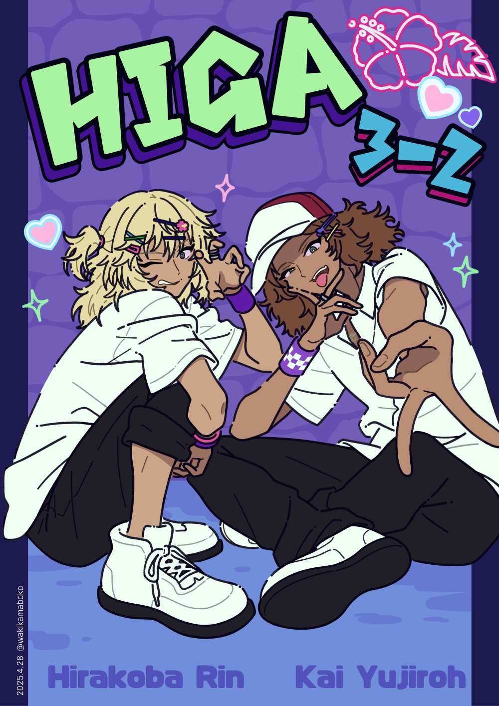 2boys, baseball_cap, black_pants, blonde_hair, brown_hair, character_name, collared_shirt, commentary_request