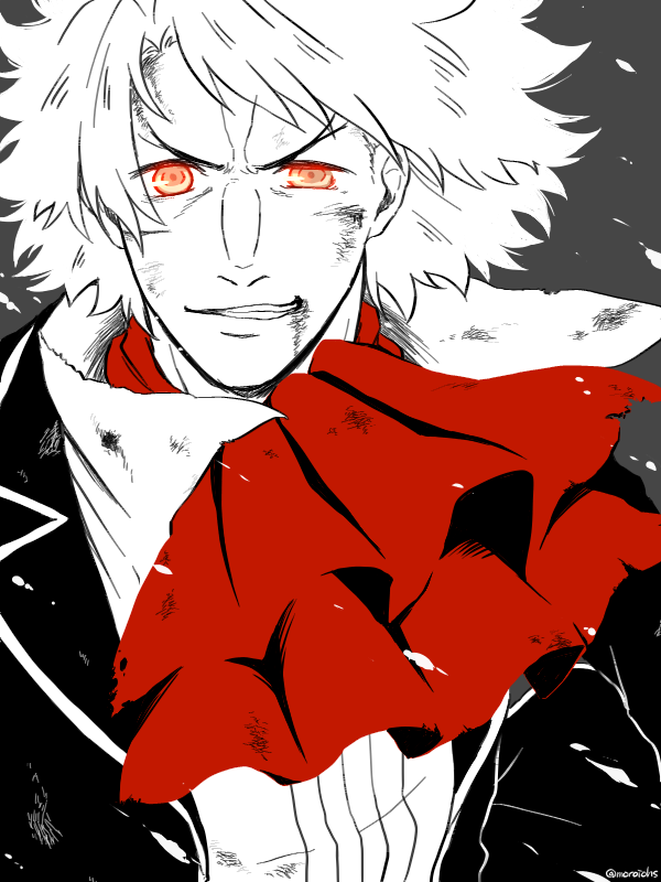 1boy, ascot, bruise, classicaloid, glowing, glowing_eyes, greyscale, injury