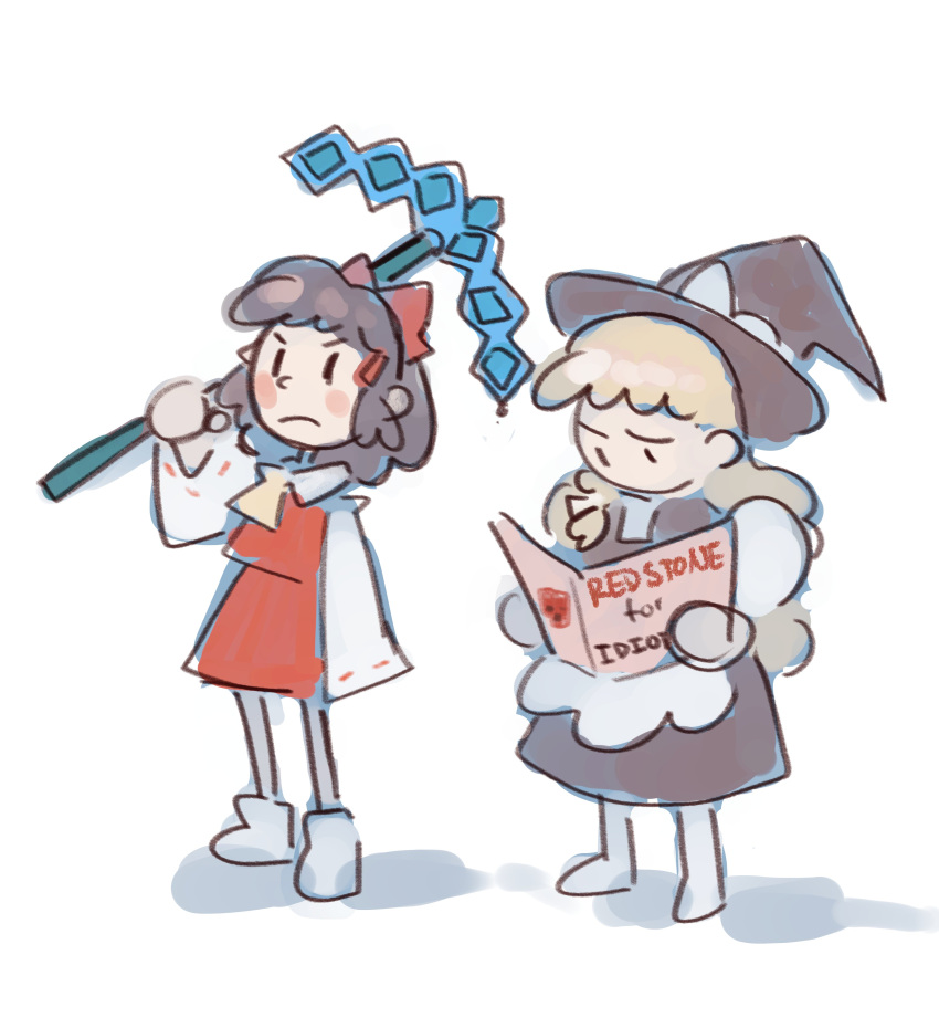 2girls, absurdres, apron, black_dress, blonde_hair, blush_stickers, book, bow