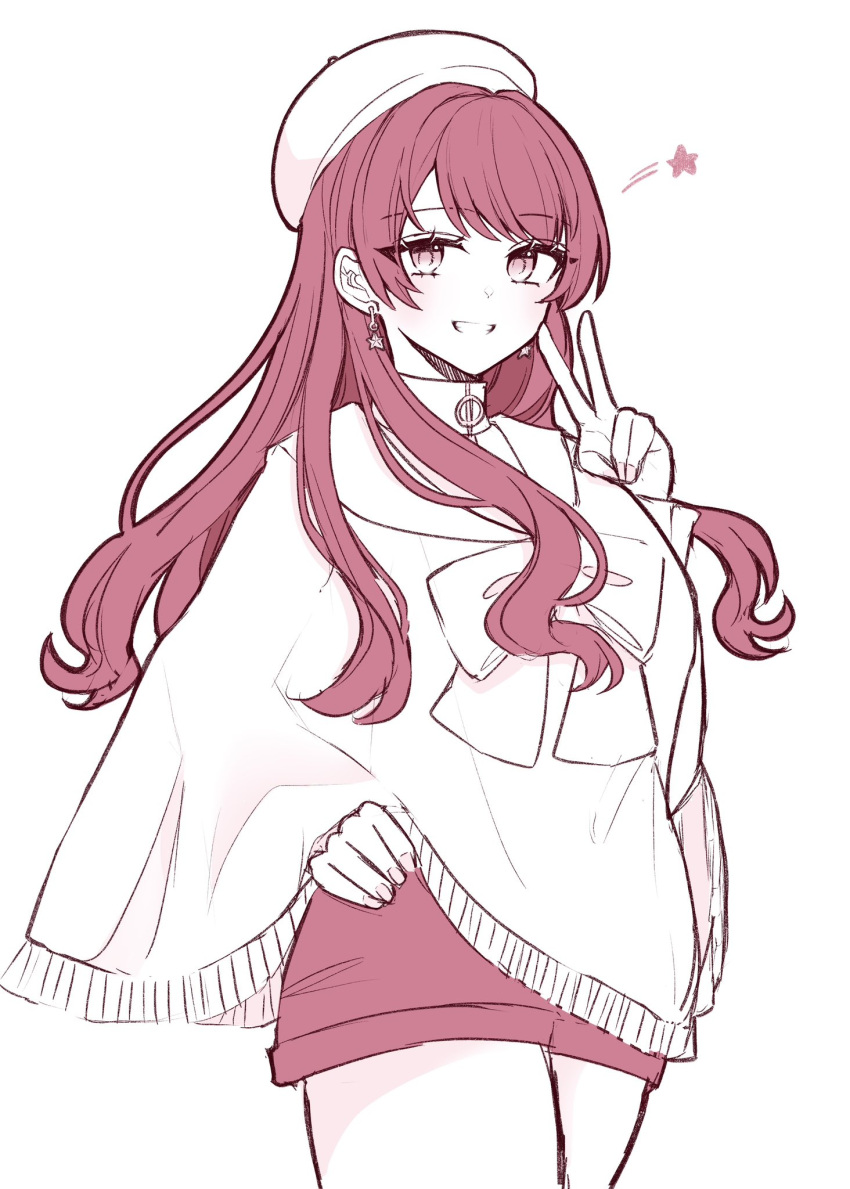 1girl, beret, bow, earrings, grin, hand_on_own_hip, hat, highres