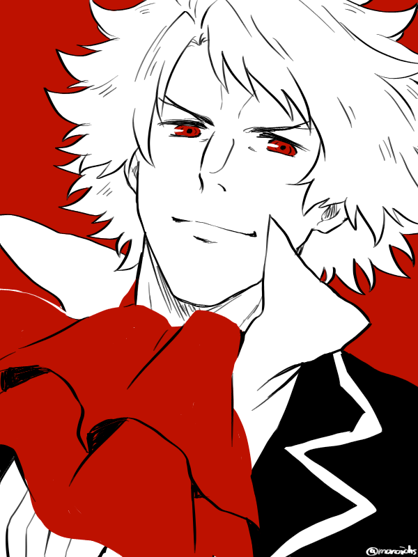1boy, ascot, classicaloid, closed_mouth, coat, greyscale_with_colored_background, high_collar, looking_at_viewer
