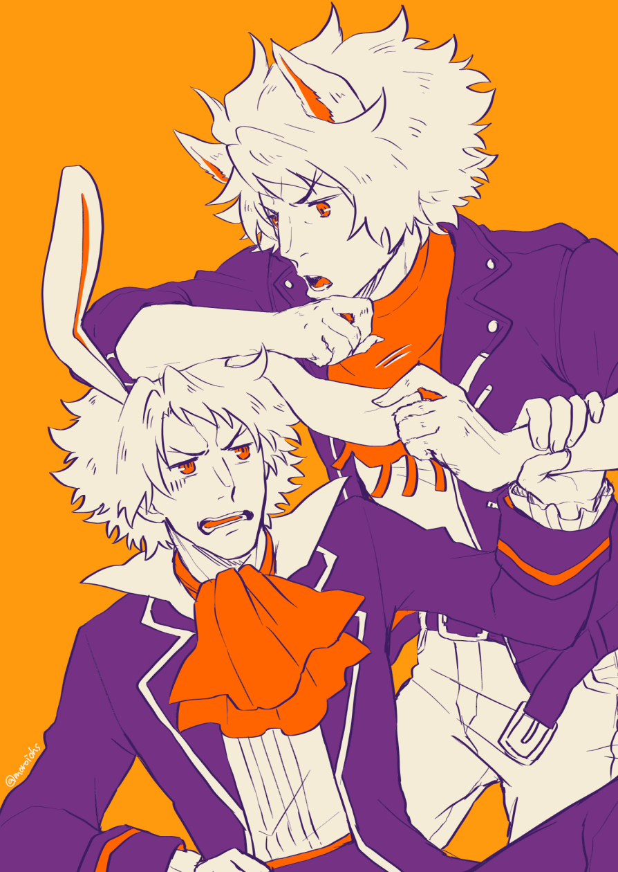 2boys, animal_ears, ascot, bandana, belt, classicaloid, clone, highres