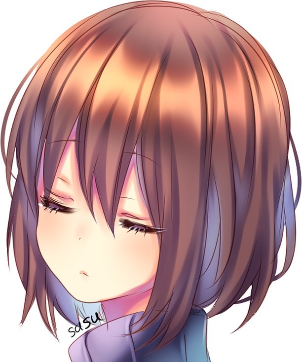 1other, :<, artist_name, blue_hair, blue_sweater, bob_cut, brown_hair, close-up