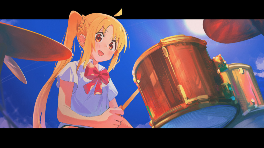 1girl, blonde_hair, blue_sky, blush, bocchi_the_rock!, commentary_request, drum, drum_set, drumsticks, holding, holding_drumsticks, ijichi_nijika, instrument, kukuzero_neko, letterboxed, neck_ribbon, open_mouth, red_eyes, ribbon, shirt, short_sleeves, side_ponytail, sky, smile, solo, sun, white_shirt