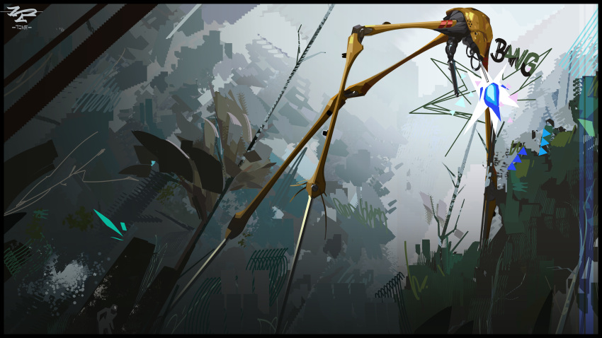 absurdres, alien, bare_tree, commentary, cyborg, day, energy_cannon, energy_weapon