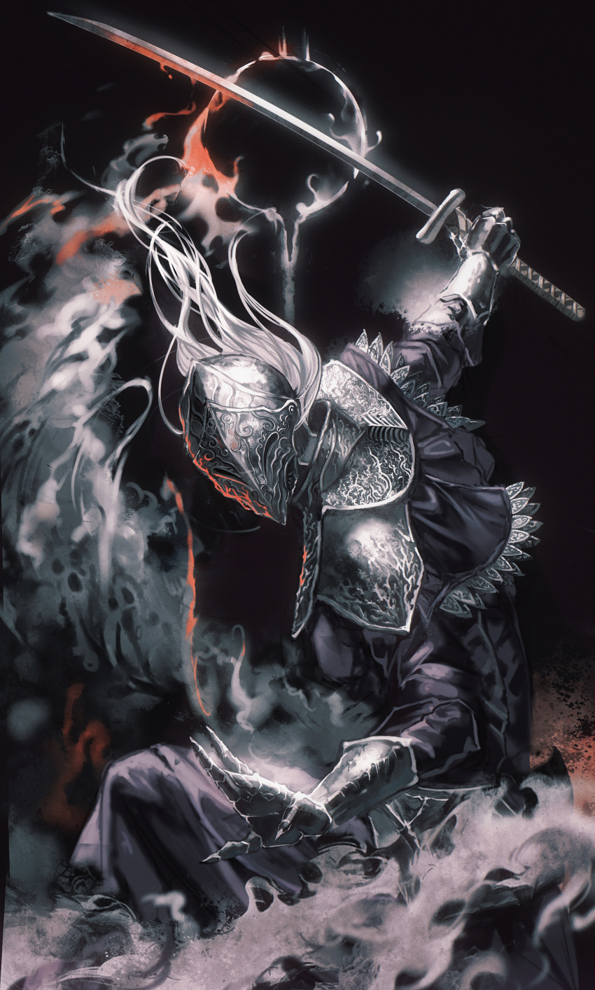 1girl, absurdres, armor, black_background, black_dress, black_gloves, black_sun, capelet