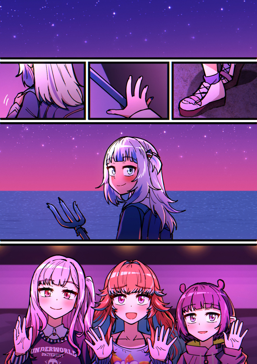 5girls, blonde_hair, blue_hair, chibi, ddolbang, facing_away, fins, fish_tail