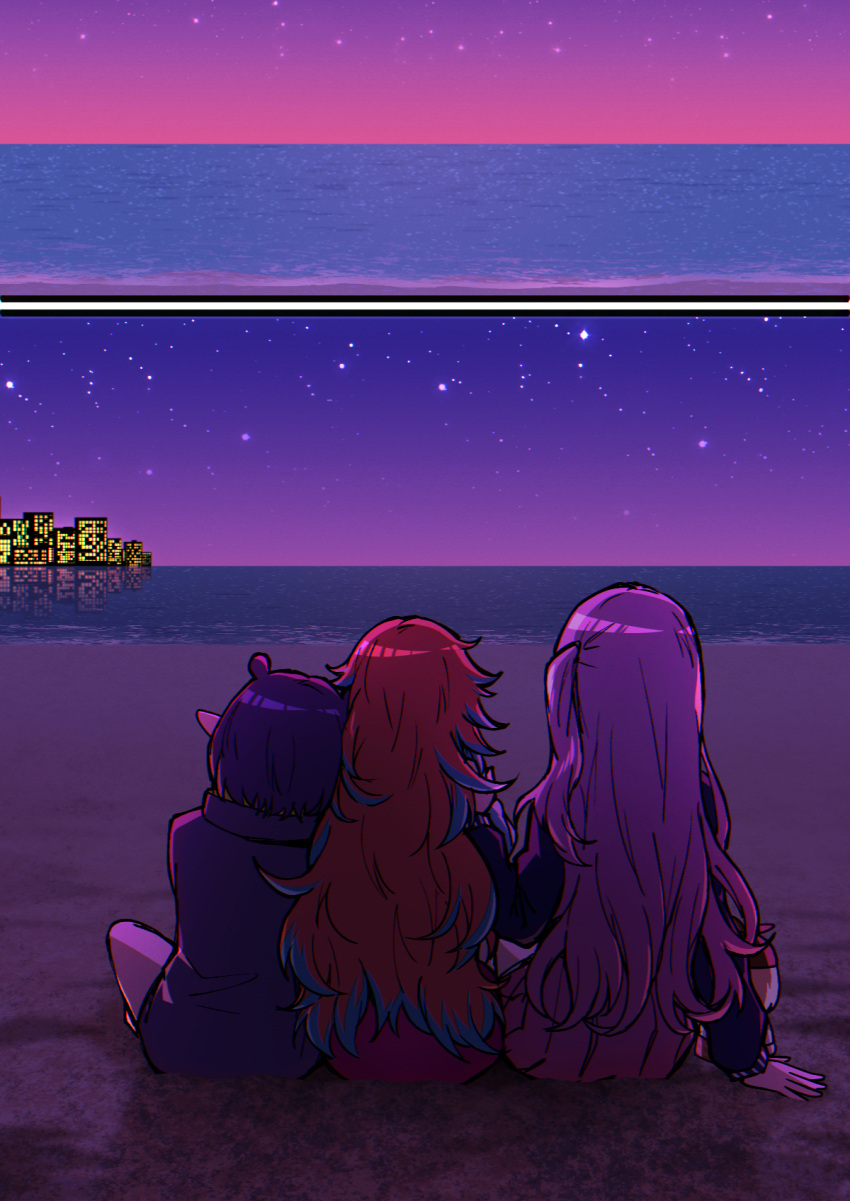 4girls, blonde_hair, chibi, ddolbang, facing_away, fins, fish_tail, from_behind, highres, hololive, hololive_english, holomyth, long_hair, medium_hair, mori_calliope, mori_calliope_(kawaiiope), multicolored_hair, multiple_girls, ninomae_ina'nis, ninomae_ina'nis_(loungewear), official_alternate_costume, orange_hair, pink_hair, pointy_ears, purple_hair, short_hair, smol_ame, star_(sky), streaked_hair, sunset, tail, takanashi_kiara, takanashi_kiara_(fever_night), virtual_youtuber, watson_amelia