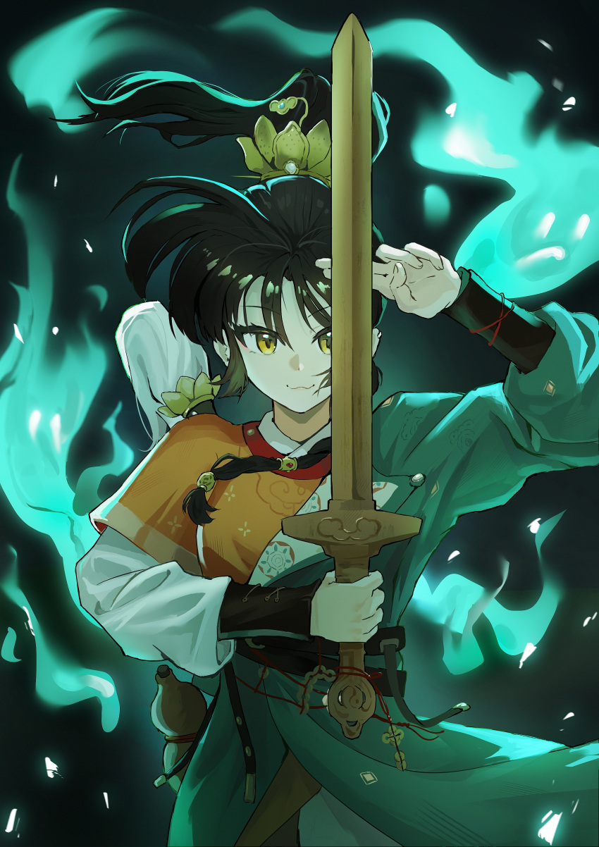 1girl, :3, absurdres, an-an_lee, black_background, black_hair, blue_fire, chinese_clothes