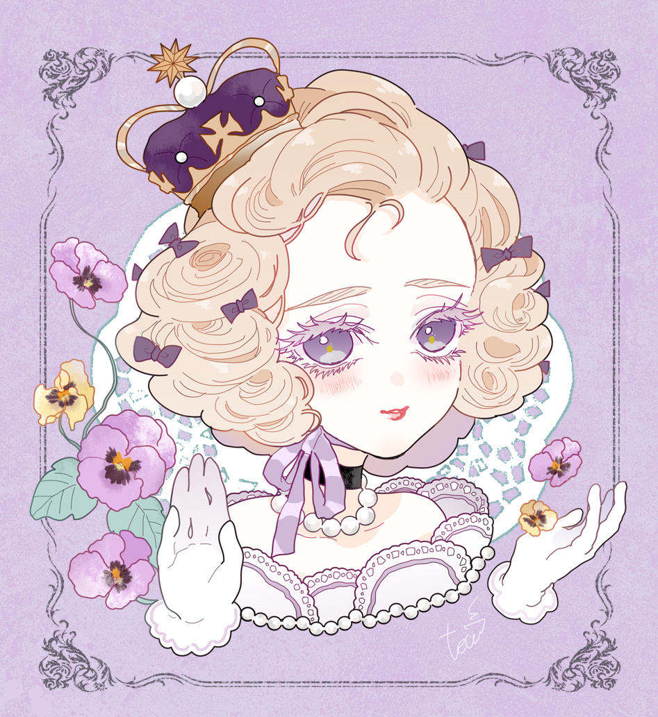 1girl, bead_necklace, beads, black_choker, blonde_hair, blush, border, bow