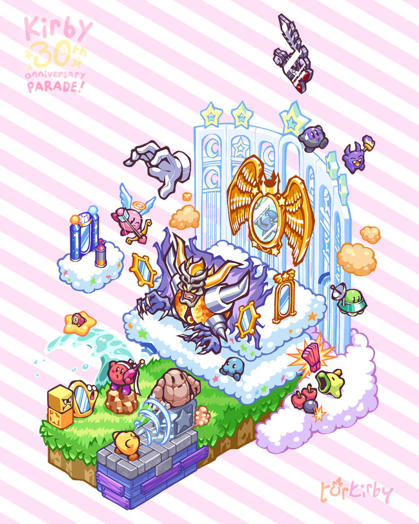 !, !!, aiming, angel_wings, anniversary, apple, arrow_(projectile), blockin