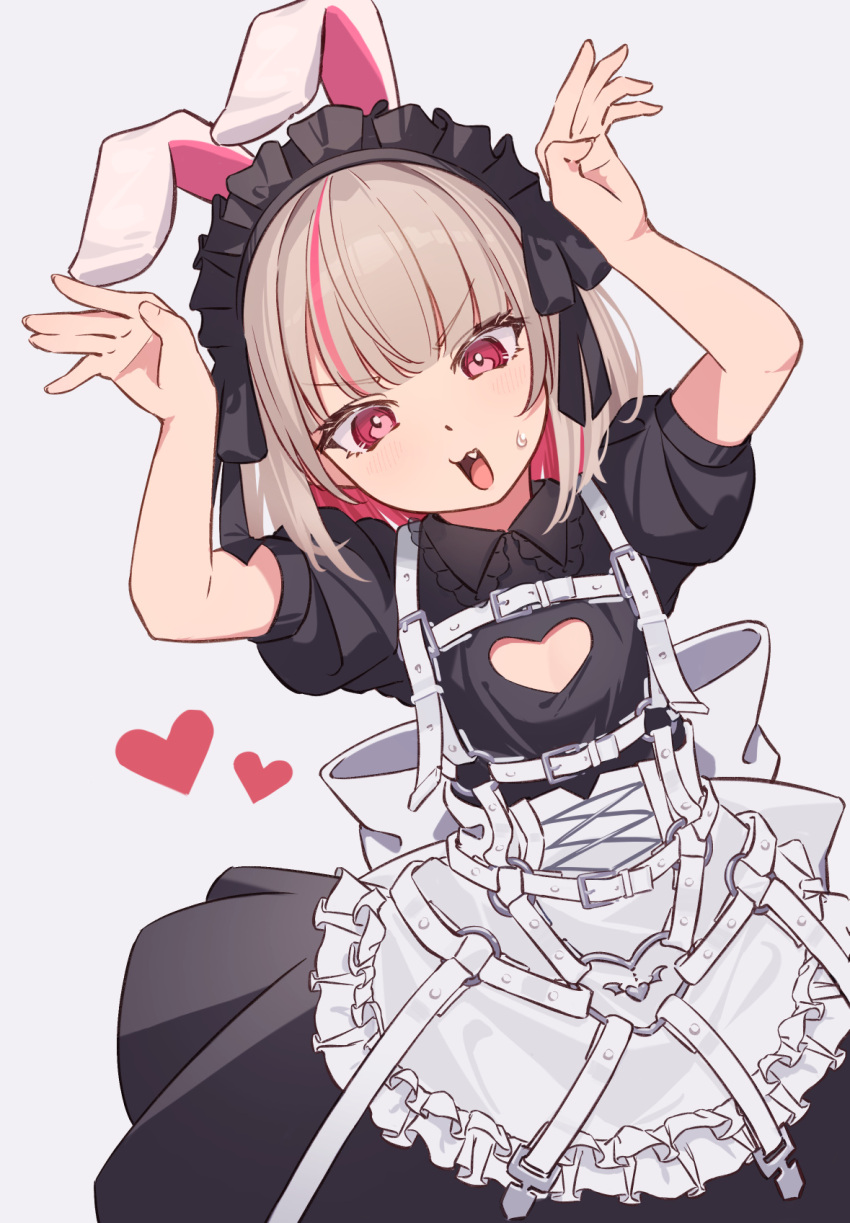 1girl, animal_ears, apron, arms_up, back_bow, belt, black_dress, black_headdress, black_ribbon, blunt_bangs, blush, bob_cut, bow, breasts, chest_harness, cleavage_cutout, clothing_cutout, collared_dress, colored_inner_hair, corset, cowboy_shot, cross-laced_clothes, cross-laced_corset, dress, fake_animal_ears, fang, frilled_shirt_collar, frills, furrowed_brow, grey_hair, harness, heart, heart_cutout, heart_o-ring, highres, loose_belt, maid, maid_headdress, makaino_ririmu, makaino_ririmu_(5th_costume), medium_hair, multicolored_hair, multiple_belts, nijisanji, no_jacket, o-ring, o-ring_belt, open_mouth, pink_hair, puffy_short_sleeves, puffy_sleeves, rabbit_ears, rabbit_pose, red_eyes, ribbon, shin_toro, short_dress, short_sleeves, simple_background, small_breasts, solo, streaked_hair, sweatdrop, thigh_strap, v-shaped_eyebrows, virtual_youtuber, waist_apron, white_apron, white_background, white_belt, white_corset, winged_heart