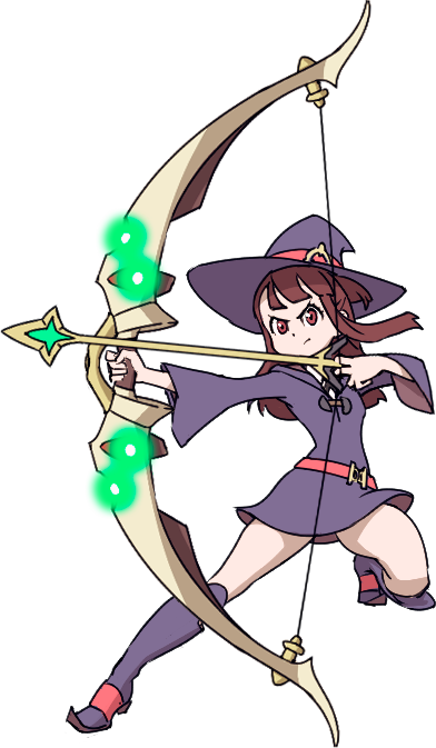 1girl, archery, boots, bow, brown_hair, emiladylbekuulu, hat, kagari_atsuko, legs, little_witch_academia, long_hair, non-web_source, red_eyes, shiny_rod_(little_witch_academia), skirt, trigger_(company), witch_hat