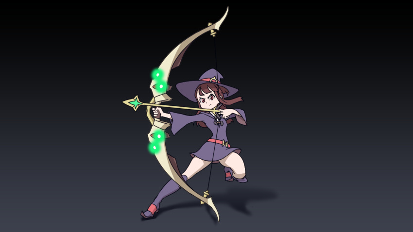 1girl, archery, boots, bow, brown_hair, emiladylbekuulu, hat, kagari_atsuko