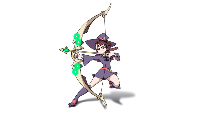 1girl, archery, boots, bow, brown_hair, emiladylbekuulu, hat, kagari_atsuko