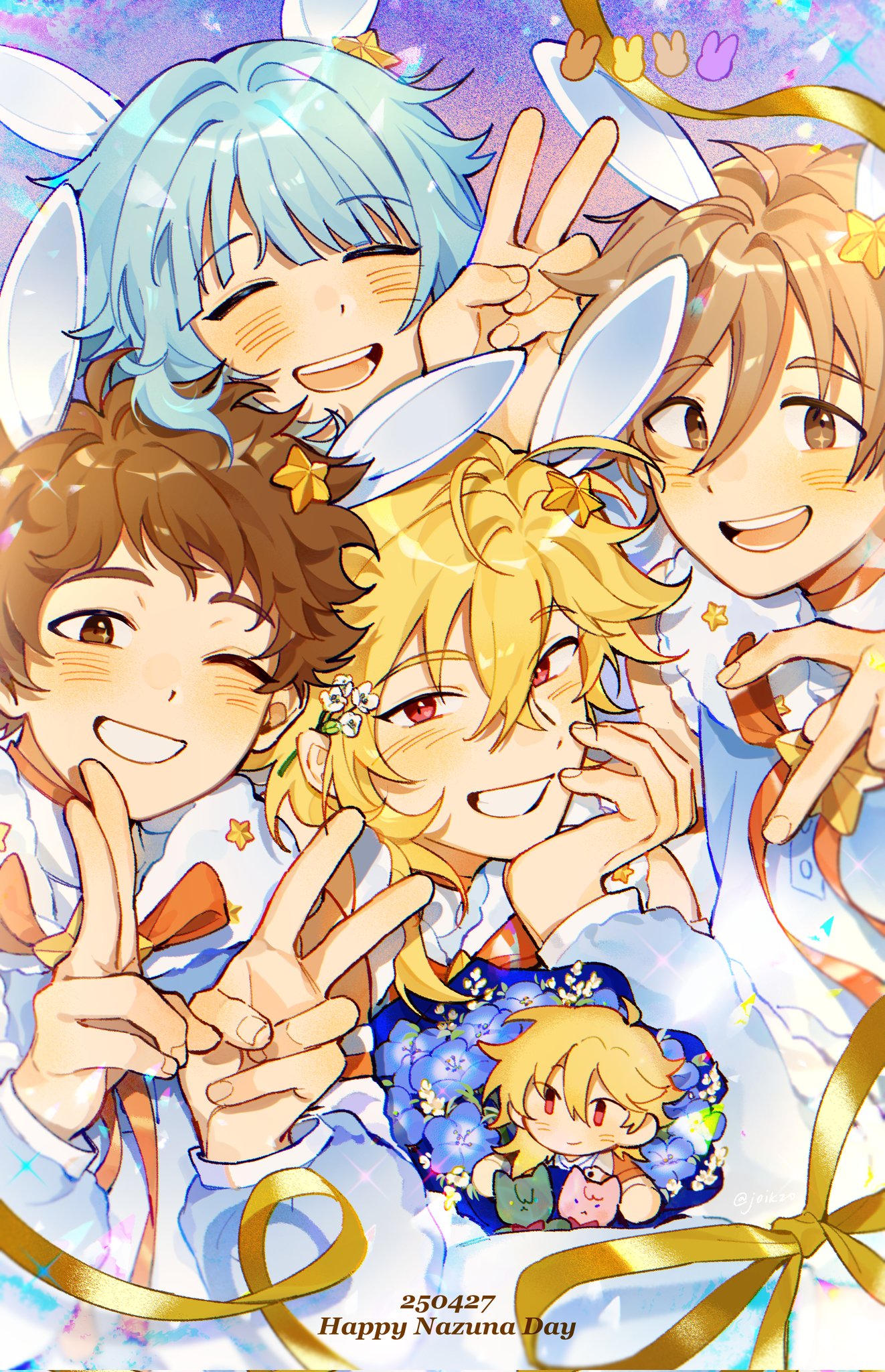4boys, animal_ears, blonde_hair, blue_flower, blue_hair, blue_shirt, blush, bouquet
