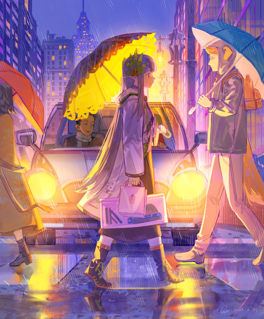 1girl, 2boys, 2others, absurdres, animal_ears, arknights, backlighting, bag