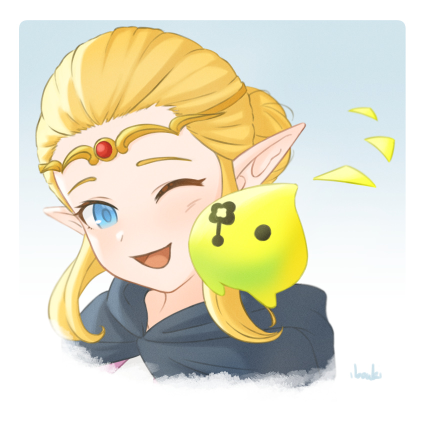 1girl, absurdres, black_cape, blonde_hair, blue_eyes, cape, commentary, creature