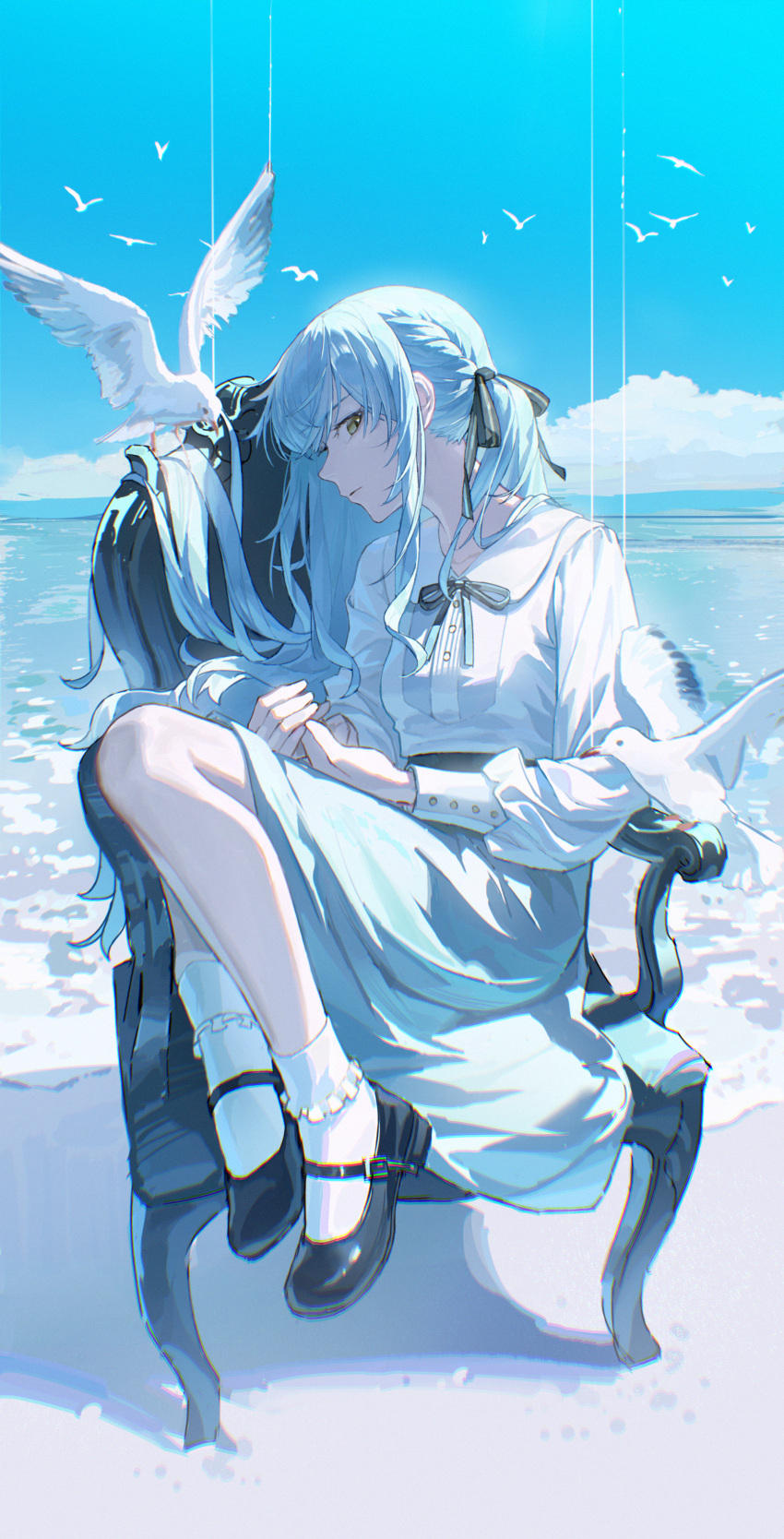 1girl, absurdres, ankle_socks, armchair, bang_dream!, bang_dream!_it's_mygo!!!!!, beach, bird