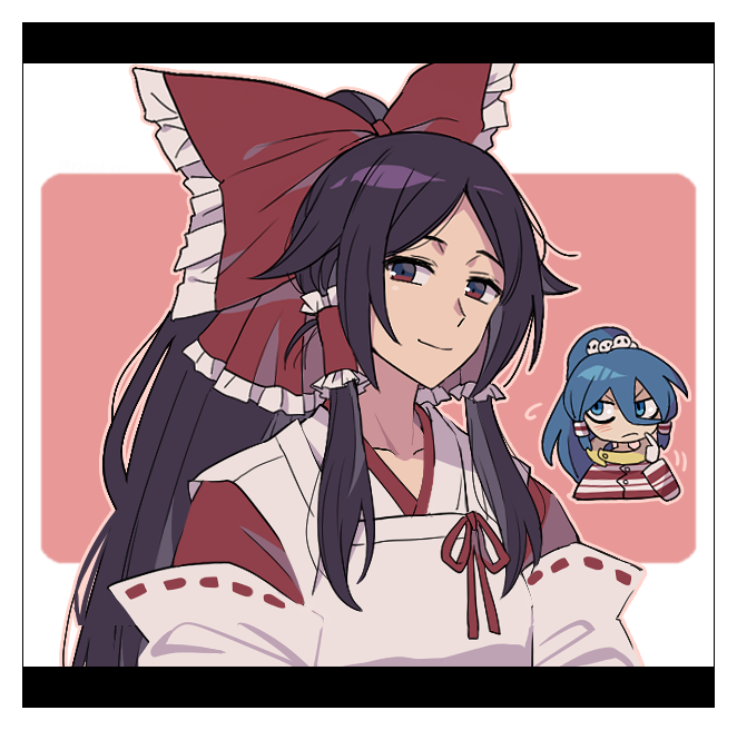 2girls, black_hair, blue_eyes, blue_hair, bow, closed_mouth, commentary_request, foul_detective_satori