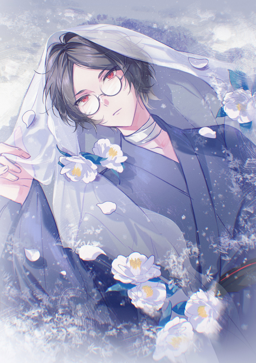 1boy, absurdres, aomi_(ooe), bandaged_neck, bandages, black_hair, black_sailor_collar, blue_kimono