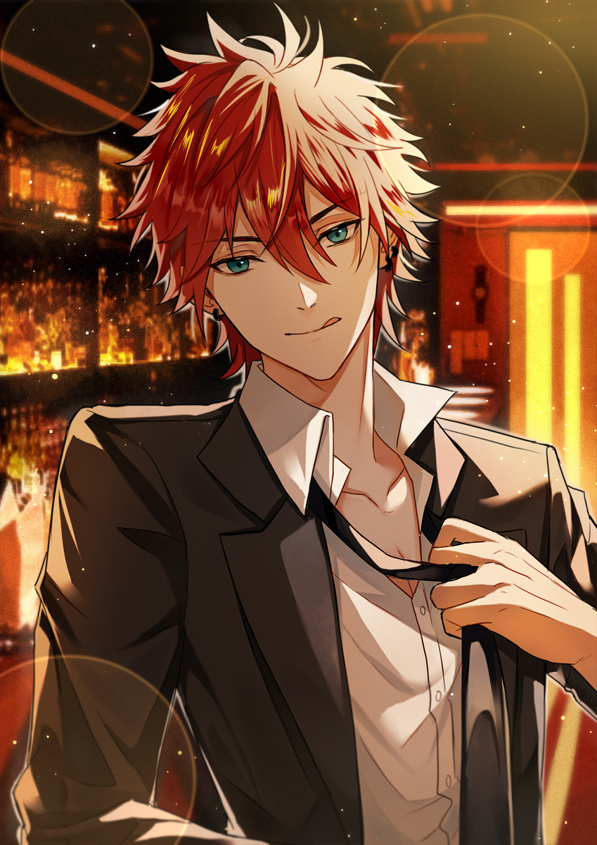 1boy, :q, adjusting_clothes, adjusting_necktie, aguaaaaaa, amagi_rinne, bar_(place), black_jacket