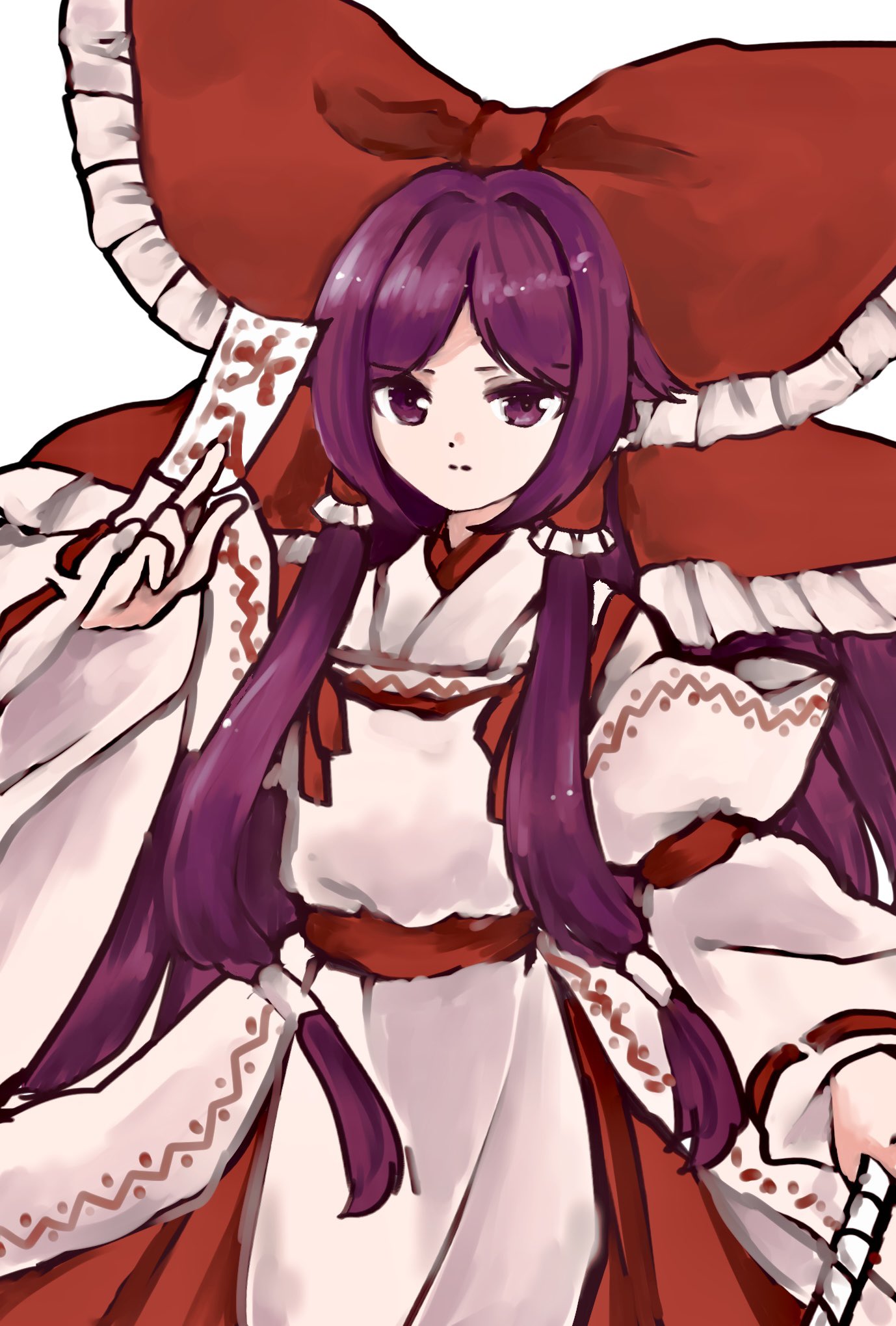 1girl, between_fingers, bow, chihaya_(clothing), closed_mouth, foul_detective_satori, frilled_bow, frilled_hair_tubes