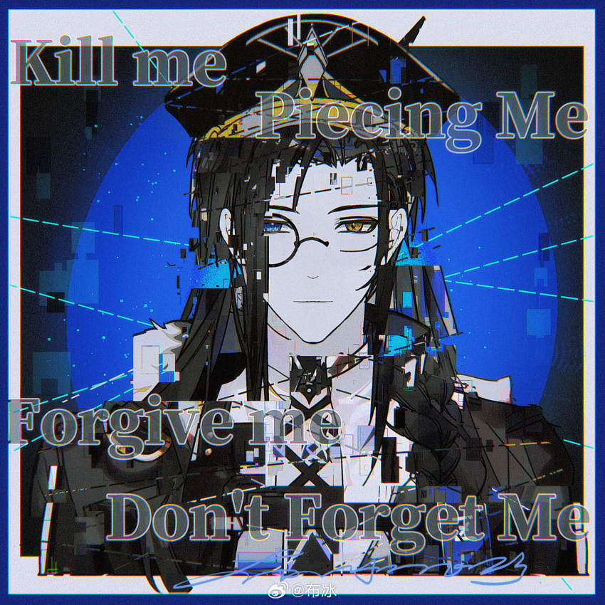 1boy, blue_background, blue_border, blue_eyes, border, braid, bubing, clarence_clayden, clarence_clayden_(deimortem_era), clarence_clayden_(eden), clarence_clayden_(godheim), clarence_clayden_(infinite_empire), clarence_clayden_(spirit_world), closed_mouth, collared_coat, collared_shirt, curtained_hair, english_text, expressionless, glitch, greyscale_with_colored_background, hat, highres, long_hair, looking_at_viewer, lovebrush_chronicles, male_focus, military_hat, military_uniform, mole, mole_under_eye, monocle, necktie, outside_border, parted_bangs, peaked_cap, portrait, shirt, short_hair, solo, split_theme, spot_color, string, watermark, weibo_watermark, white_border, yellow_eyes