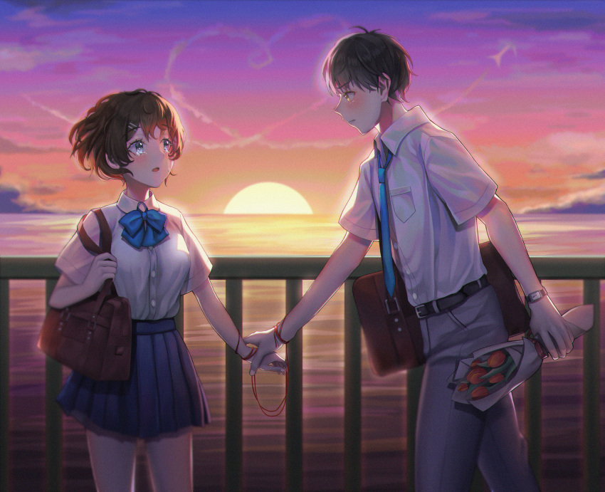 1boy, 1girl, absurdres, bag, belt, black_hair, blue_bow, blue_necktie