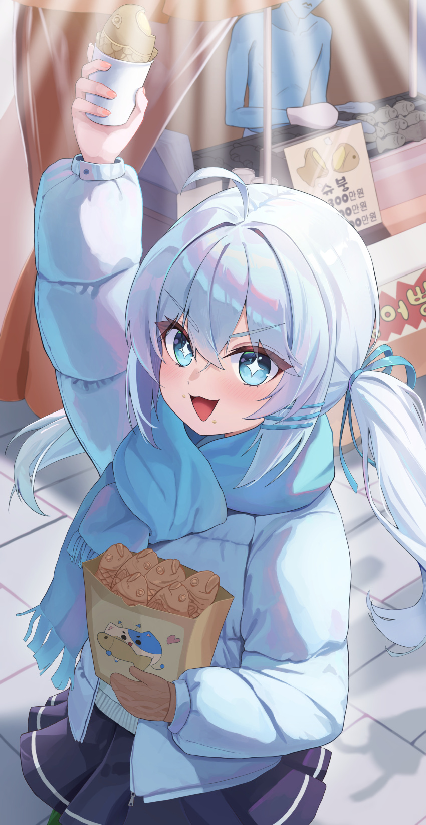 +_+, 1girl, absurdres, ahoge, arm_up, bag, blue_eyes, blue_hair
