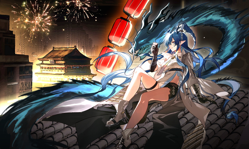 1girl, absurdres, aerial_fireworks, architecture, arknights, bare_legs, black_gloves, black_shorts