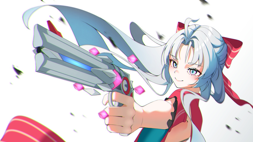 1girl, absurdres, aqua_eyes, bow, carlotta_(wuthering_waves), chromatic_aberration, closed_mouth, commentary, floating_hair, gun, hair_bow, hazeillusts, highres, holding, holding_gun, holding_weapon, jacket, long_hair, looking_afar, looking_ahead, no_gloves, parted_bangs, pink_bow, pink_jacket, simple_background, smile, solo, striped_bow, upper_body, weapon, white_background, white_hair, wuthering_waves