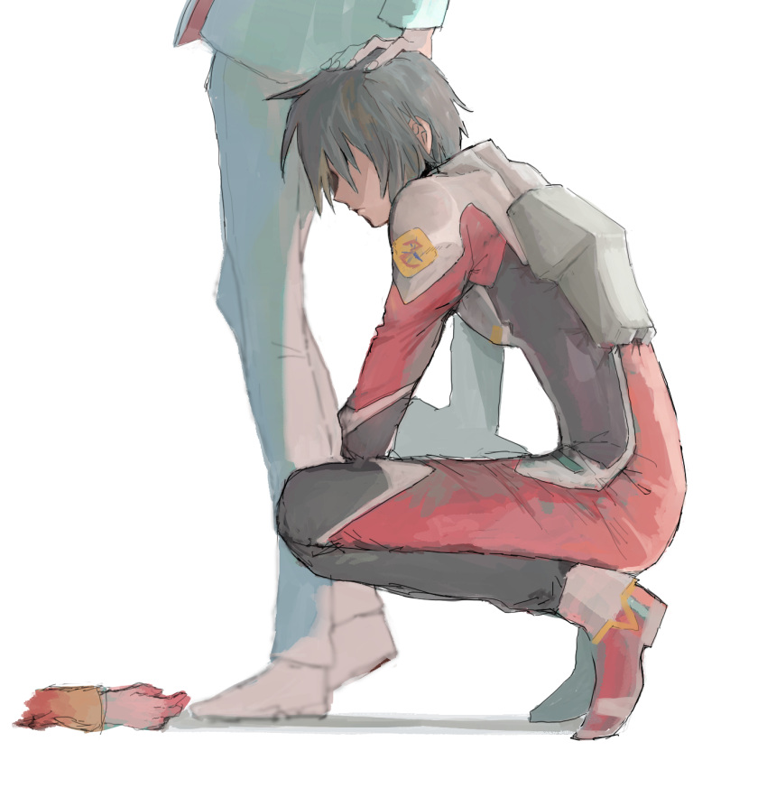 1boy, 1girl, 1other, black_hair, gundam, gundam_seed, headpat, highres