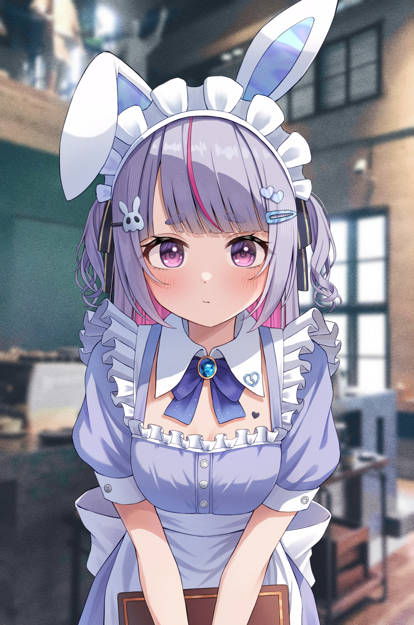 1girl, absurdres, animal_ears, apron, back_bow, black_ribbon, blunt_bangs, blush, bow, bowtie, closed_mouth, fake_animal_ears, hair_ornament, hair_ribbon, hairband, hairclip, hairpin, hal_(haldayo913), heart, heart_hair_ornament, highres, indoors, looking_at_viewer, maid, maid_apron, maid_headdress, multicolored_hair, purple_bow, purple_bowtie, purple_hair, rabbit_ears, rabbit_hair_ornament, ribbon, single_hair_streak, solo, streaked_hair, thick_eyebrows, tosaki_mimi, virtual_youtuber, vspo!, white_bow, white_hairband, window