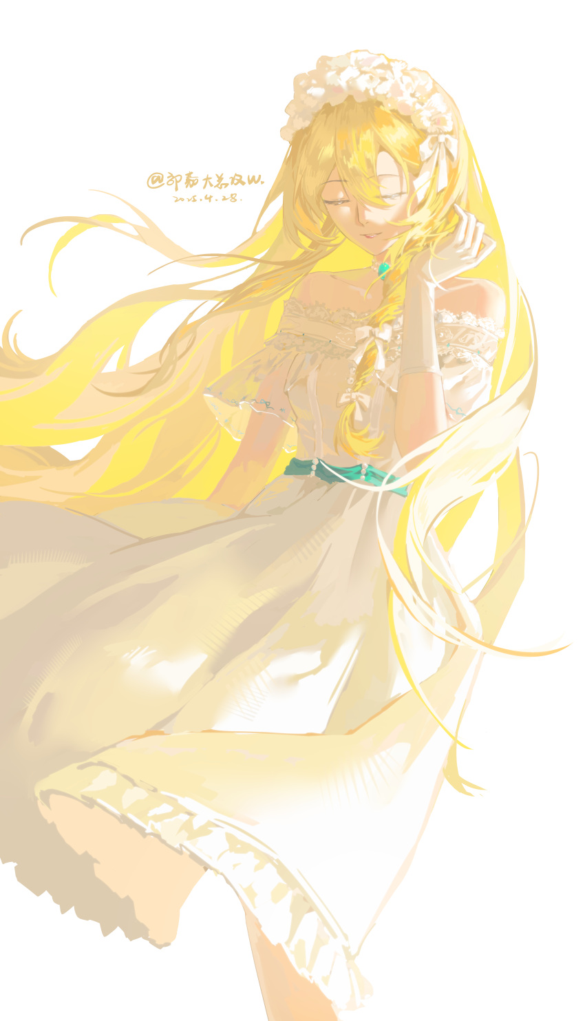 1girl, absurdres, adjusting_hair, amber_(path_to_nowhere), bare_arms, bare_shoulders, blonde_hair, bow, breasts, chinese_commentary, choker, commentary, cowboy_shot, dated, dress, floating_hair, flower_hairband, guojiadazonggongw, hair_between_eyes, hair_bow, hairband, headband, highres, long_hair, low-tied_sidelocks, path_to_nowhere, sidelocks, signature, simple_background, small_breasts, smile, solo, very_long_hair, white_background, white_bow, white_choker, white_dress, white_hairband