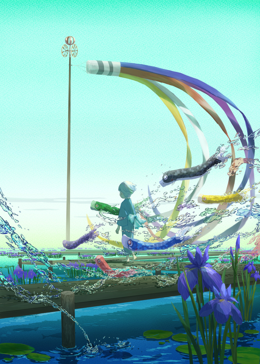 1boy, absurdres, barefoot, blue_kimono, bridge, fantasy, flower, green_sky