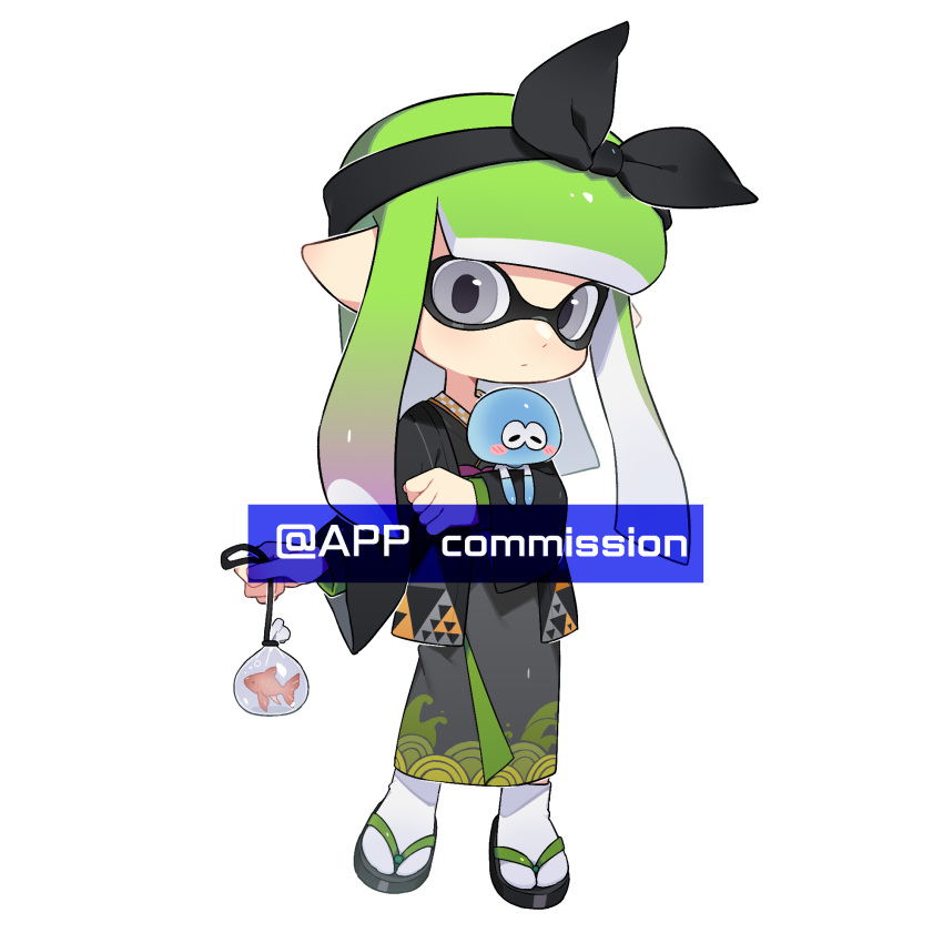 1girl, animal, bag, bagged_fish, black_bow, black_hairband, black_haori, blunt_bangs