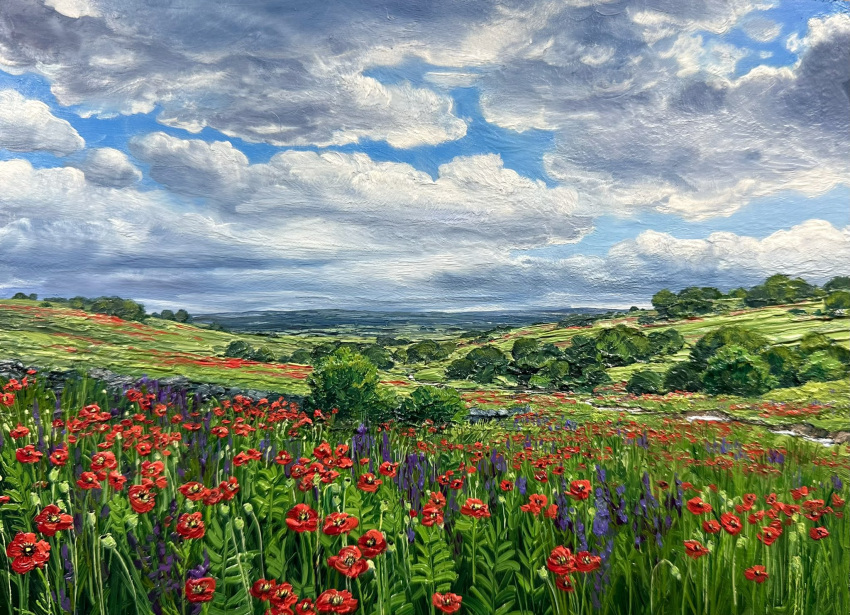 blue_sky, clouds, cloudy_sky, commentary, day, england, english_commentary, field, flower, flower_field, highres, kate_avery, landscape, oil_painting_(medium), original, outdoors, painting_(medium), poppy_(flower), purple_flower, real_world_location, red_flower, scenery, sky, traditional_media, tree