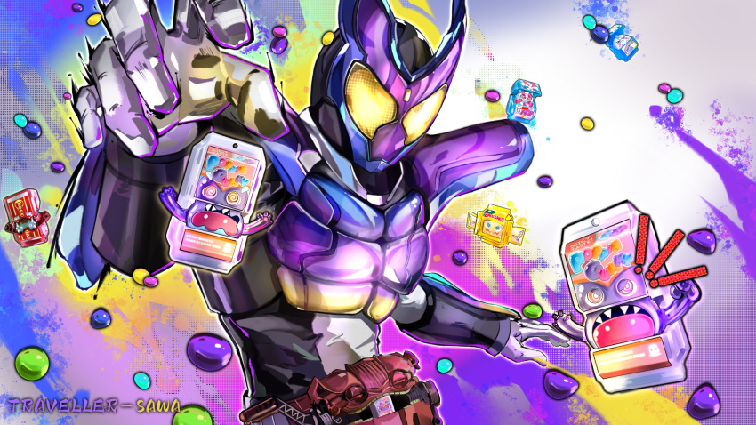 1boy, absurdres, armor, black_bodysuit, bodysuit, candy, commentary, compound_eyes