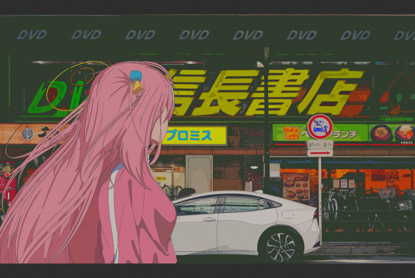 1girl, bocchi_the_rock!, car, cube_hair_ornament, film_grain, from_side, gotoh_hitori, hair_ornament