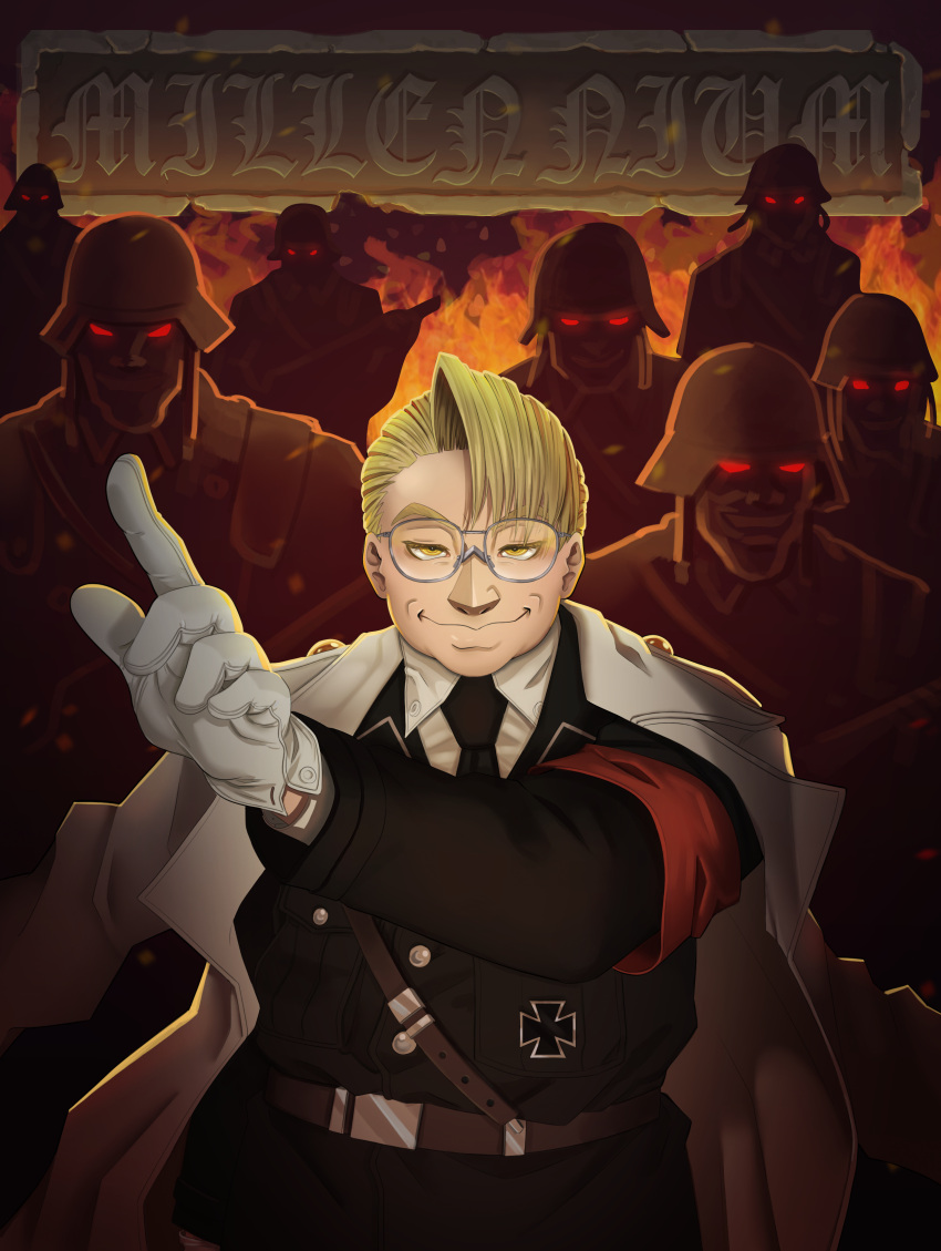 6+boys, absurdres, armband, belt, blonde_hair, coat, combat_helmet, cross, fire, glasses, gloves, grin, gun, hellsing, helmet, highres, holding, holding_gun, holding_weapon, iron_cross, last_battalion_soldier_(hellsing), major_(hellsing), majorette_(artist), male_focus, military, military_uniform, mp40, multiple_boys, nazi, necktie, official_alternate_costume, red_armband, short_hair, smile, soldier, solo_focus, ss_uniform, stahlhelm, submachine_gun, weapon