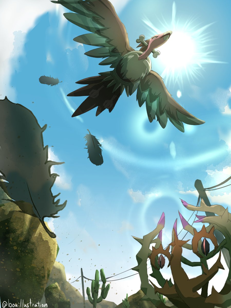 artist_name, bird, blue_sky, bo_(bouillustration), bone, brambleghast, cactus, clouds