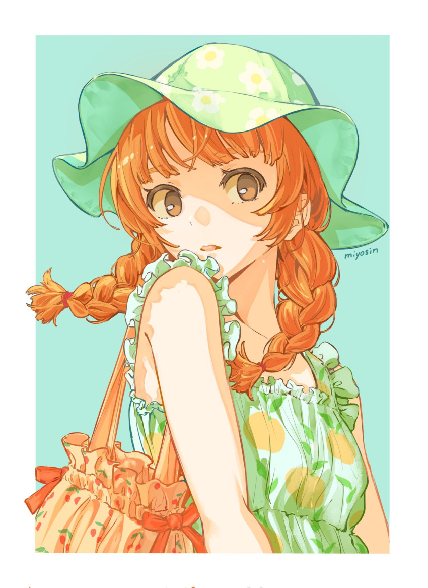 1girl, aqua_background, artist_name, bag, border, braid, brown_hair, commentary_request, dress, floral_print, floral_print_headwear, food_print, frilled_dress, frills, fruit_print, green_dress, green_hat, hat, highres, medium_hair, miyosin_(cafe_poirot), orange_bag, orange_hair, orange_print, original, parted_lips, shoulder_bag, sideways_glance, sleeveless, sleeveless_dress, solo, sun_hat, sundress, twin_braids, upper_body, white_border