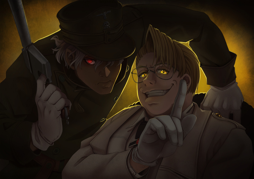 2boys, blonde_hair, captain_(hellsing), glasses, gloves, glowing, glowing_eyes, grin