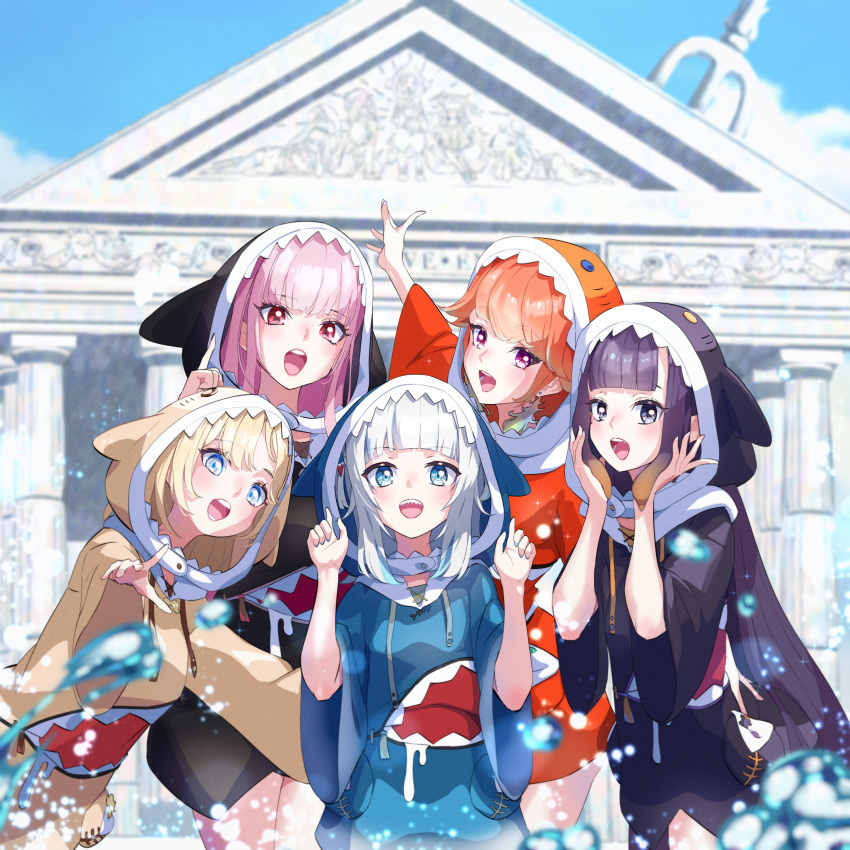 5girls, :d, absurdres, animal_hood, arm_up, black_jacket, blonde_hair, blue_eyes