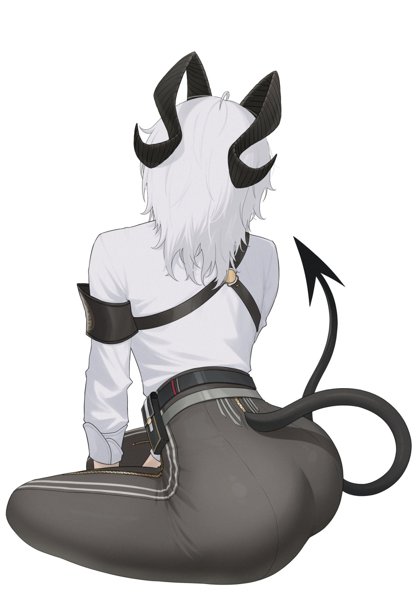 1girl, absurdres, ass, ass_focus, back, black_horns, black_pants, black_tail, curled_horns, demon_horns, dial_kasper, high-waist_pants, highres, horns, pants, shirt, short_hair, solo, thighs, tight_clothes, tight_pants, white_background, white_hair, wuthering_waves, zani_(wuthering_waves)