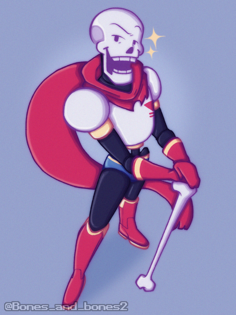 1boy, 2024, 2d, armor, artist_name, blue_background, blue_shorts, bone